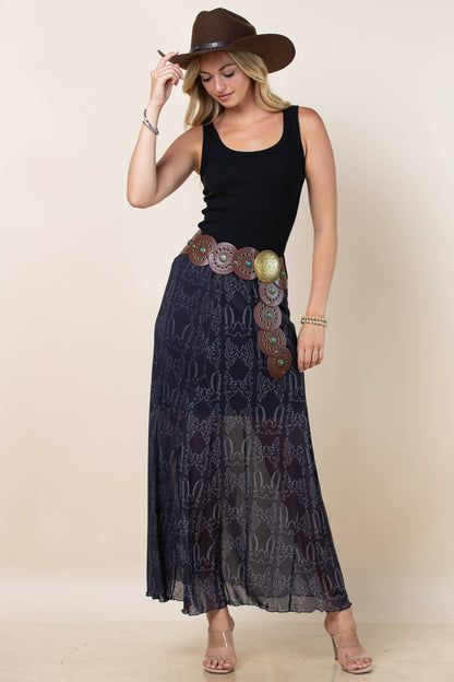 Montana Boho/Western Spirit Fashion:-REESE BOOTSTITCH PRINT A-LINE LINED MESH SKIRT