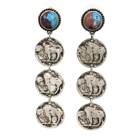 Montana Boho/Western Spirit Jewelry: Buffalo Three Coin Turquoise Stud Earrings
