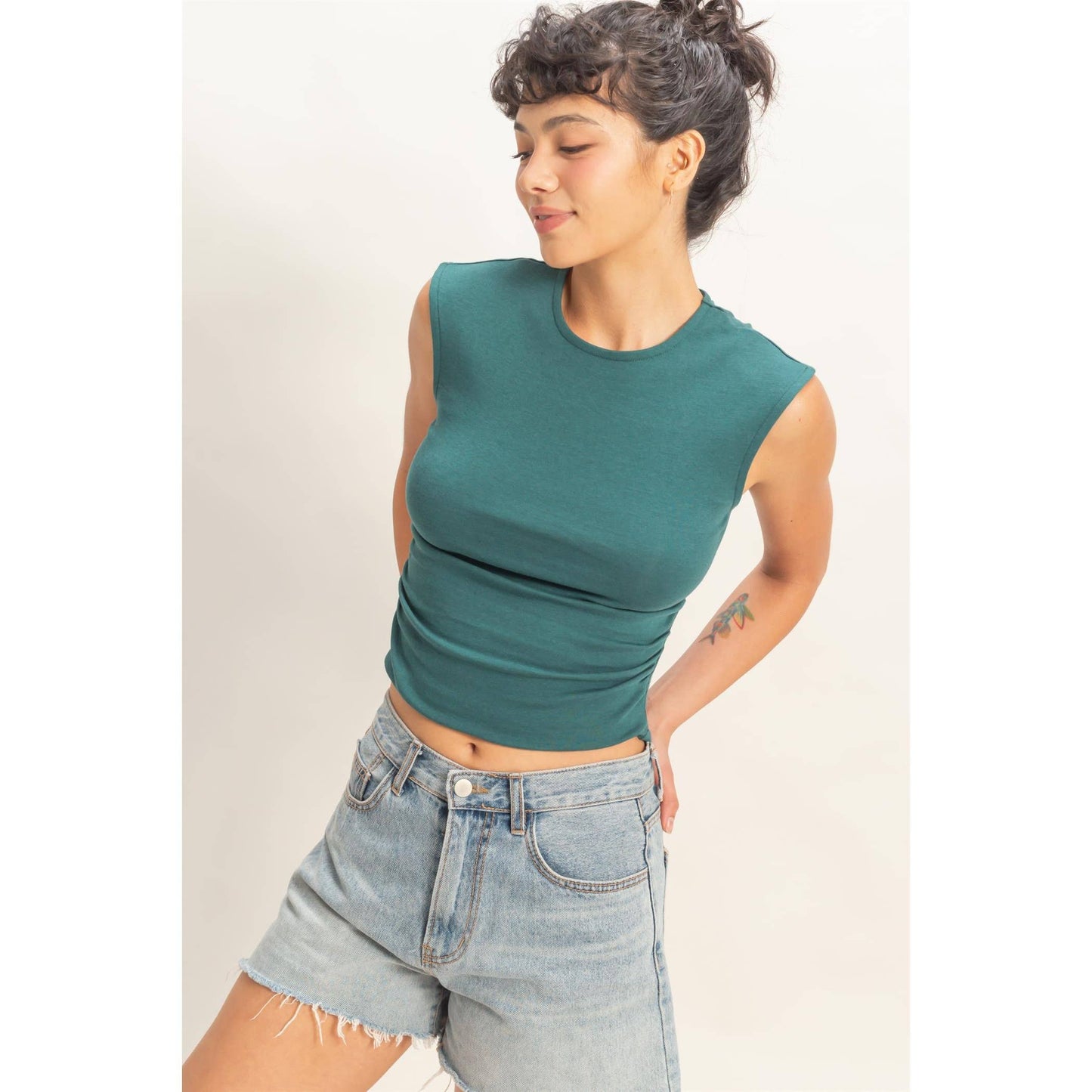 Ruched Waist Cap Sleeve Top