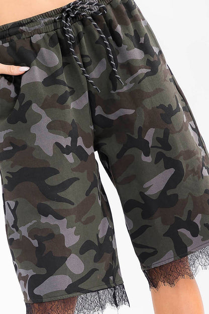 HOT—2026: CAMO-GIRL: CAMO PRINT LACE TRIM POCKETS SIDE DRAWSTRING PANTS
