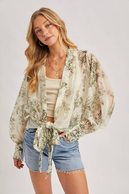 FREE SPIRIT DREAMER Series: BOTANICAL PRINT TIED FRONT BALLOON SLEEVED KIMONO