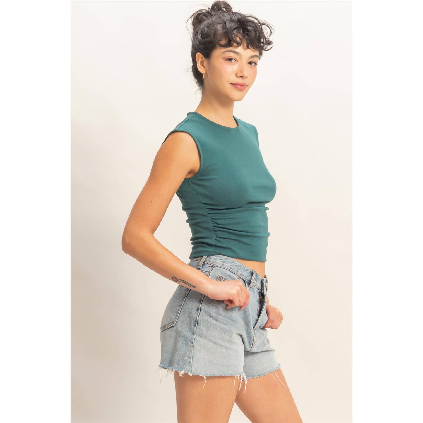 Ruched Waist Cap Sleeve Top