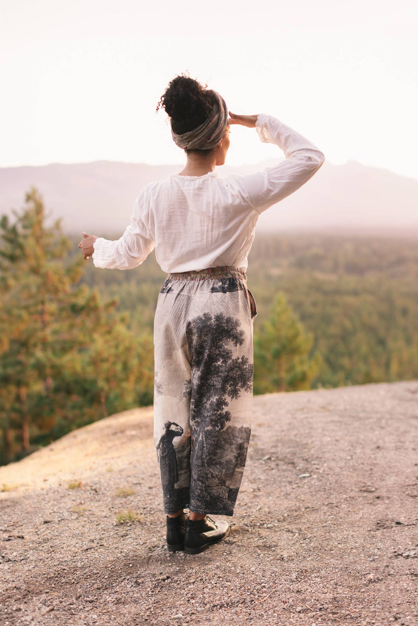 "Still I Rise"  Linen Cropped Artist Pant w/ Sunrise, Woman— FREE SPIRIT DREAMER Series: Boho & Free-People loving styles.