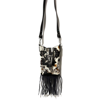 Montana Boho/Western Spirit Handbag: Crown Buckle Cow Print Floral Western Fringe Crossbody Bag