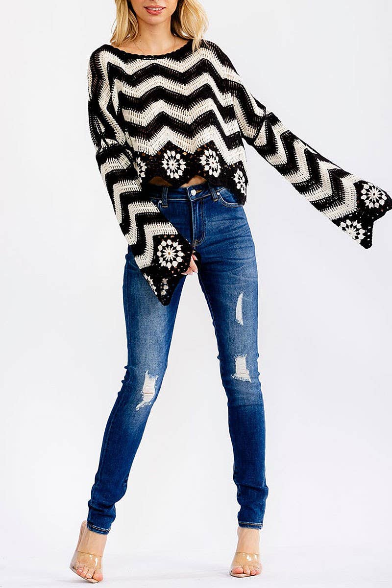 Montana Boho Western Spirit Fashion: LONG BELL SLEEVE COLORBLOCK CROCHET PULLOVER TOP (2)