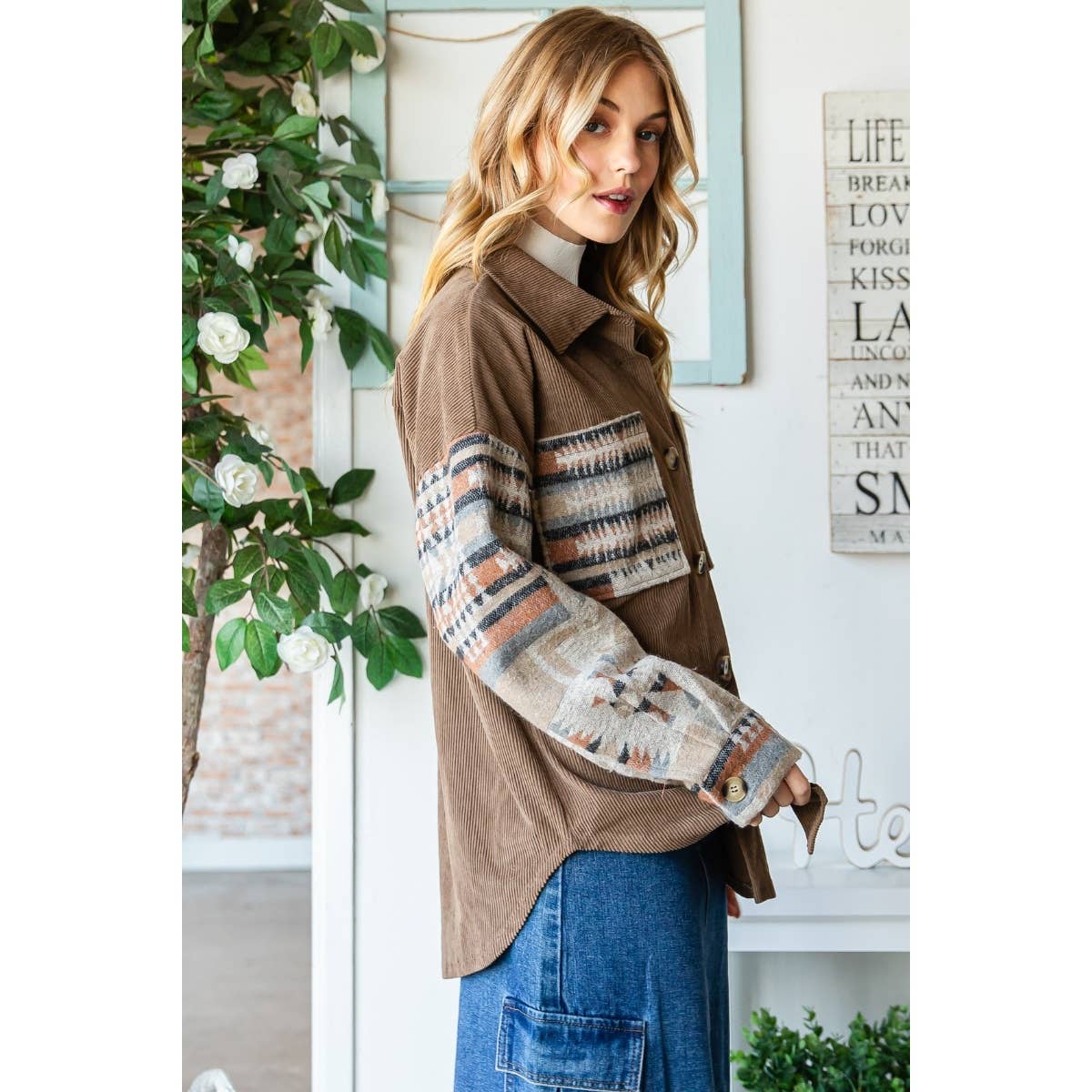 Shacket-Contrast Pattern Corduroy