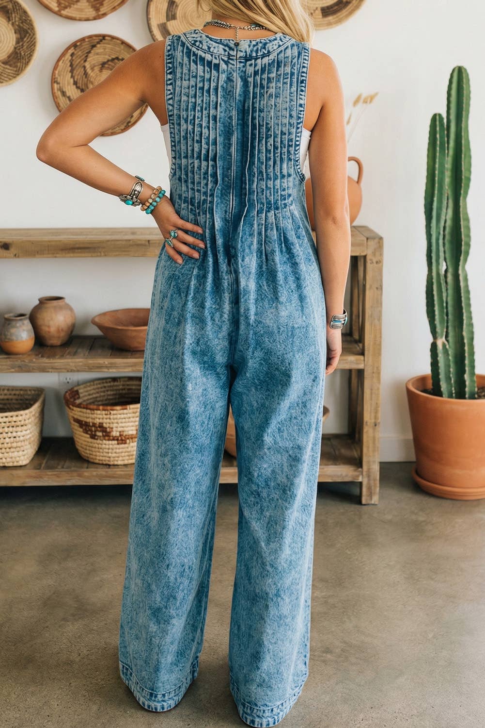 FREE SPIRIT DREAMER Series: Solid Western Acid Wash Tie Neck Pintuck Wide Leg Jumpsuit