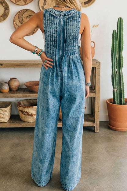 FREE SPIRIT DREAMER Series: Solid Western Acid Wash Tie Neck Pintuck Wide Leg Jumpsuit