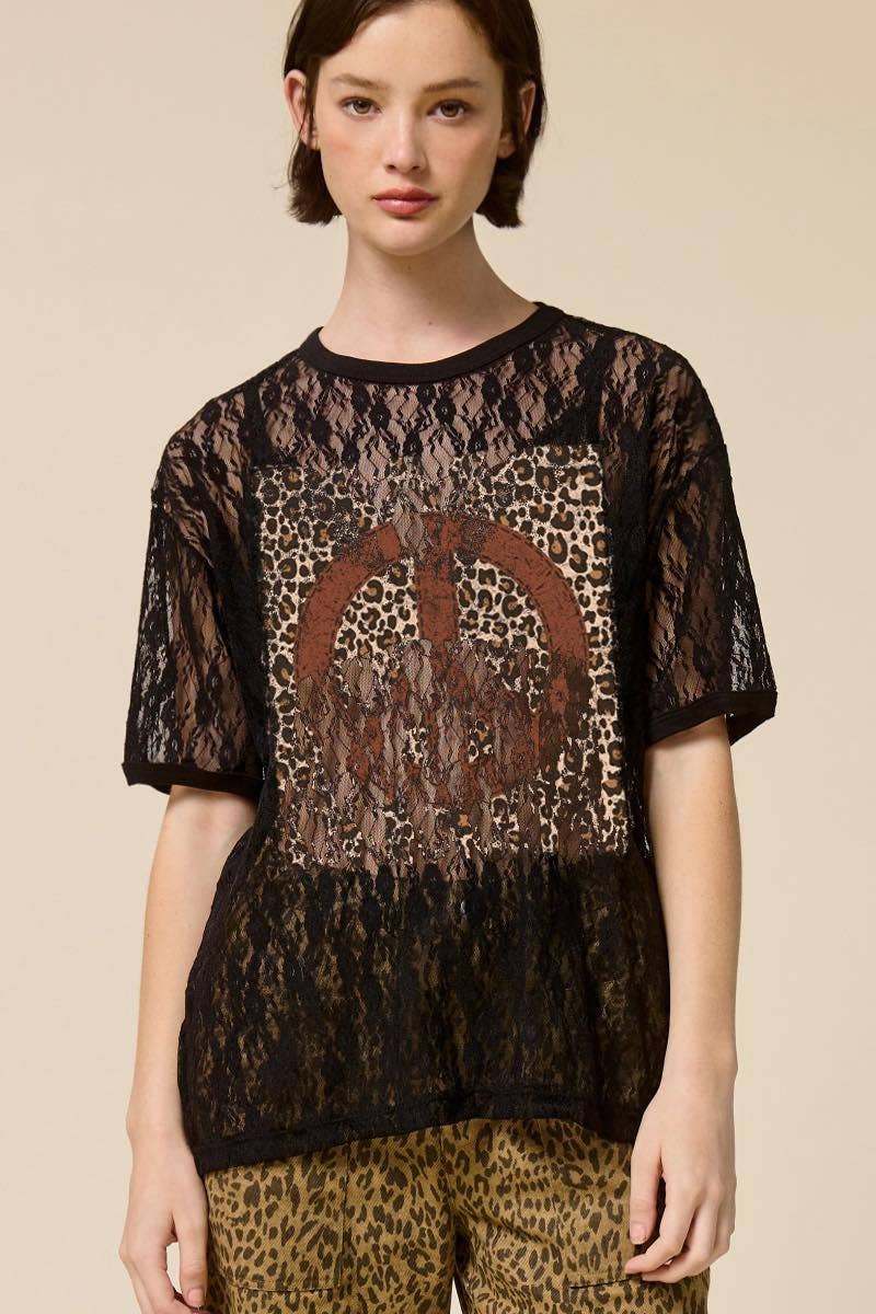 Leopard Peace Vintage Graphic Sheer Lace Tee