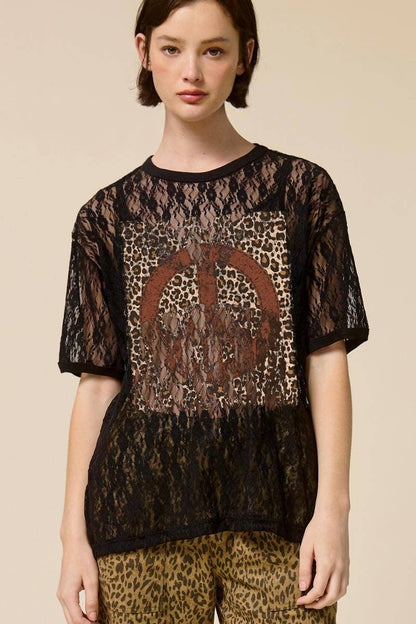 Leopard Peace Vintage Graphic Sheer Lace Tee