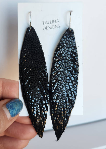 Black Stingray Genuine Leather Boho Feather Fringe Earrings: Montana Boho Western Spirit Jewelry:
