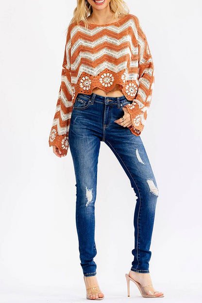 Montana Boho Western Spirit Fashion: LONG BELL SLEEVE COLORBLOCK CROCHET PULLOVER TOP (2)