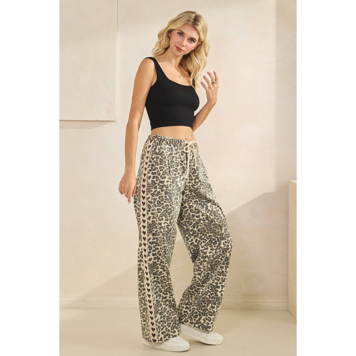 Leopard Printed Striped Wide Legged Pants