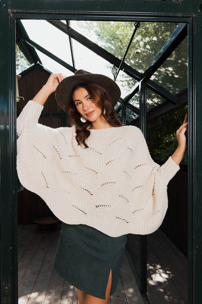 Ribbed Knit Pattern Poncho w/ Sleeves (Olive)