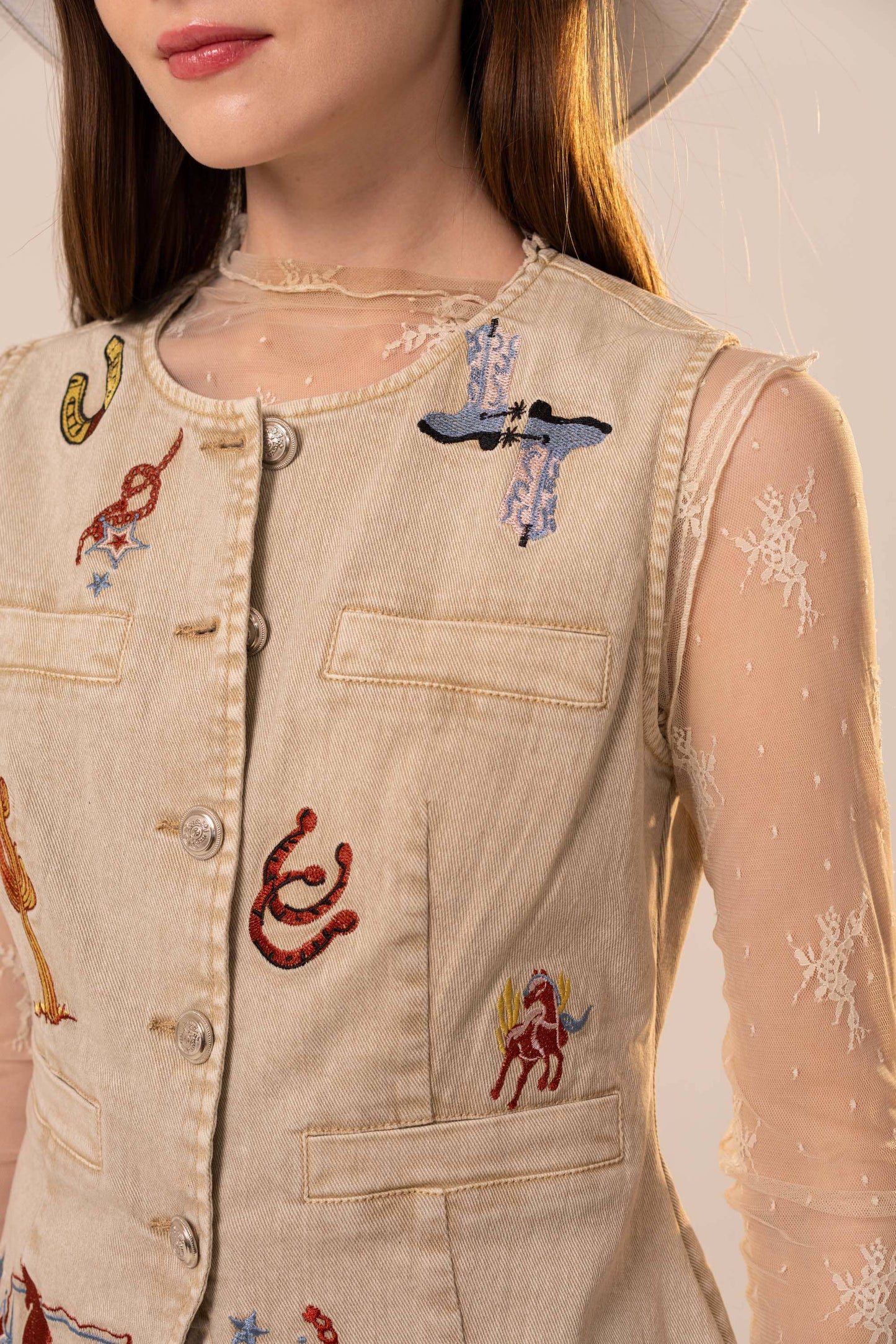 Simply Irresistible, Be the showstopper: Motif Embroidery Fitted Denim Vest