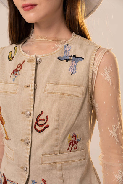 Simply Irresistible, Be the showstopper: Motif Embroidery Fitted Denim Vest