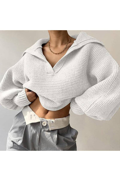 Cozy Ribbed V-Neck Sweater (Creme & Pink)