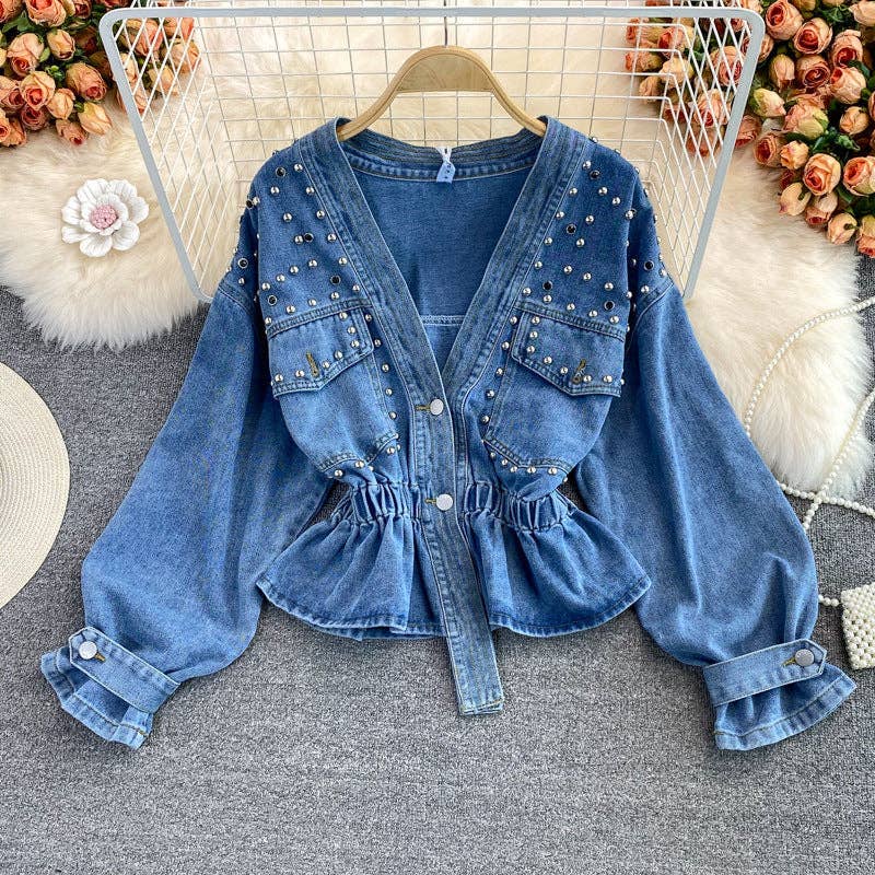 Free Poeple Loving Style:  Fashion Beaded V-Neck Long Sleeve Denim Jacket