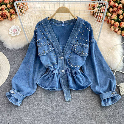 Free Poeple Loving Style:  Fashion Beaded V-Neck Long Sleeve Denim Jacket