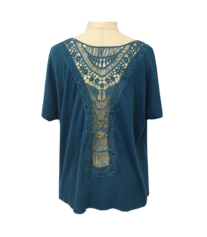 Backless Crochet Short-Sleeve T-Shirt Top— FREE SPIRIT DREAMER Series: Boho & Free-People loving styles.