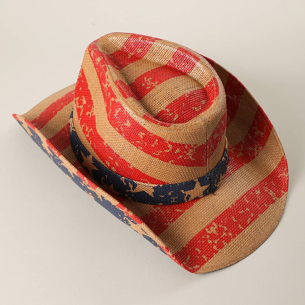 Vintage Americana Stars Stripes Straw Cowboy Hat (Red Theme)