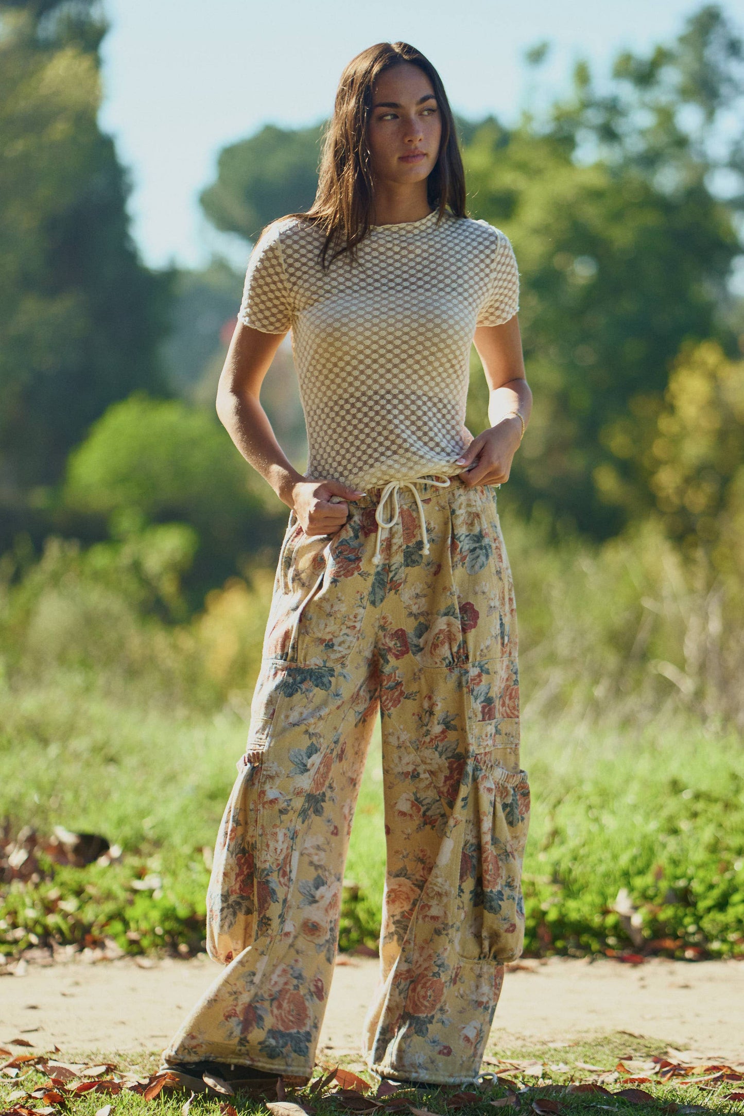 FLOWER PRINTED DENIM WAIST DROPPED POCKETS PANT—FREE SPIRIT DREAMER Series