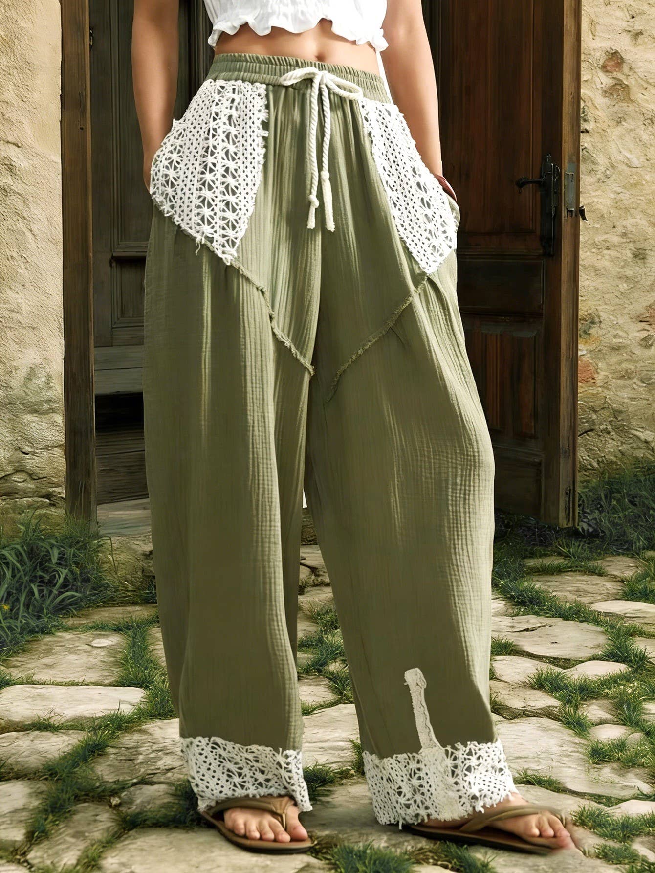 BOHO Vintage Western Lace Patchwork Drawstring Pants (Green)