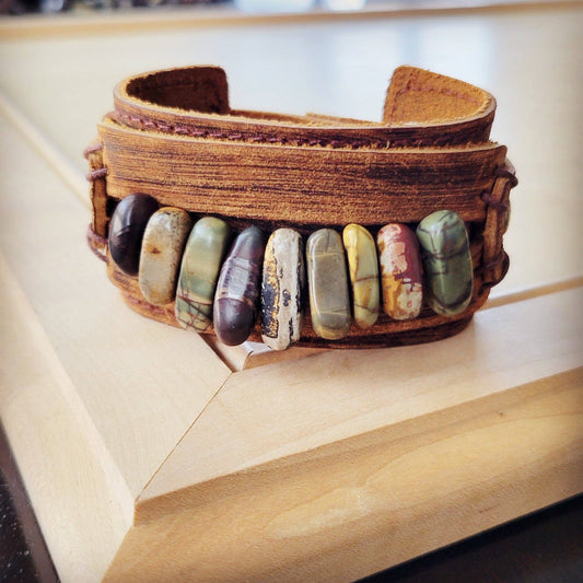Genuine Leather Cuff with Picasso Jasper Gemstone Chunks —Montana Boho Western Spirit Jewelry:
