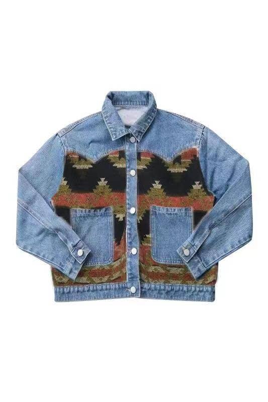 Denim Jacket with contrast fabric Aztec Print