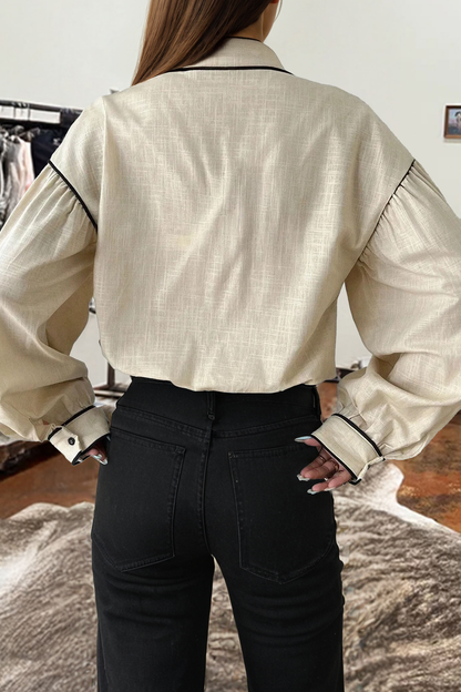 Shirt: FREE SPIRIT DREAMER Series: Contrast Color Trim Button Down Long Puff Sleeve Shirt