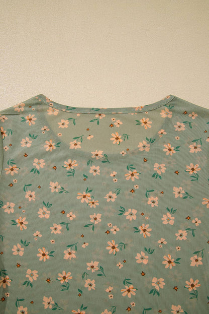 Montana Boho/Western Essentials: Vintage Floral Print Southern Style Mesh Long Sleeve Top