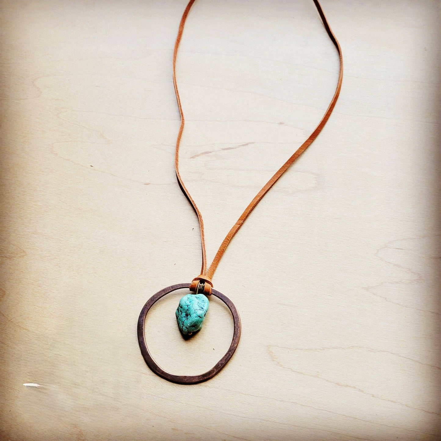 Leather Cord Necklace Antique Gold Hoop & Natural Turquoise—Montana Boho Western Spirit Jewelry