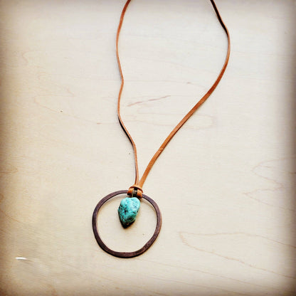 Leather Cord Necklace Antique Gold Hoop & Natural Turquoise—Montana Boho Western Spirit Jewelry