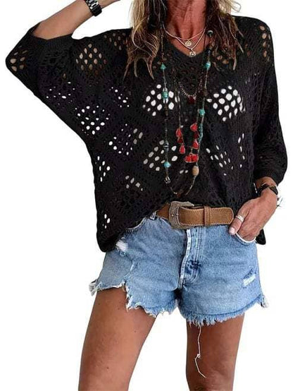 Bohemian Hollow Batwing Sleeve Crochet Poncho Top