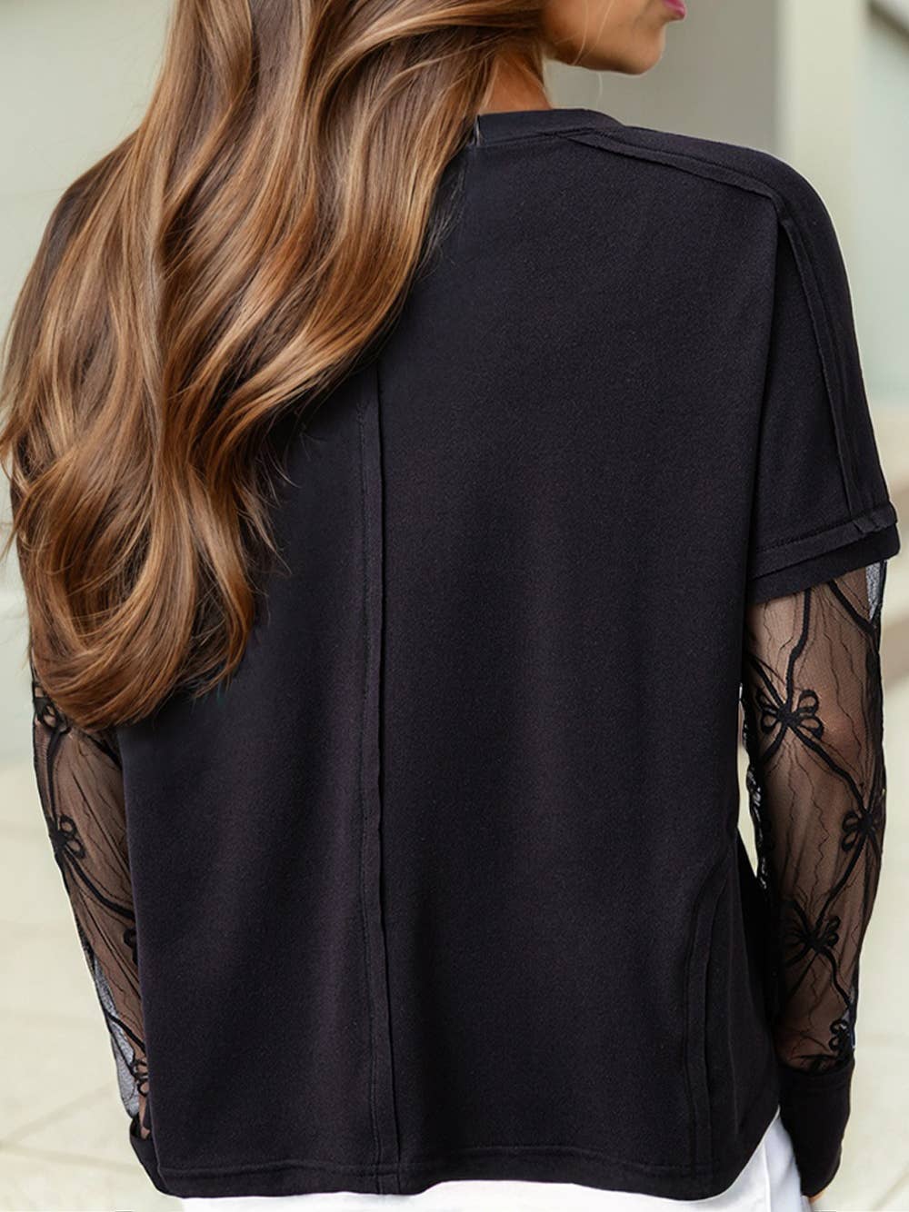 FREE SPIRIT DREAMER Series: Lace Sleeves/Textured Patchwork Long Sleeve Tee