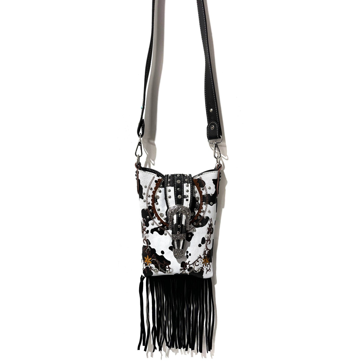 Montana Boho/Western Spirit Handbag: Crown Buckle Cow Print Floral Western Fringe Crossbody Bag