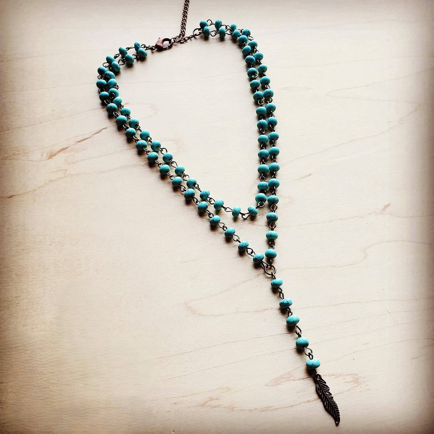 Double Strand Lariat Blue Turquoise Necklace w/ Copper Feather —Montana Boho Western Spirit Jewelry