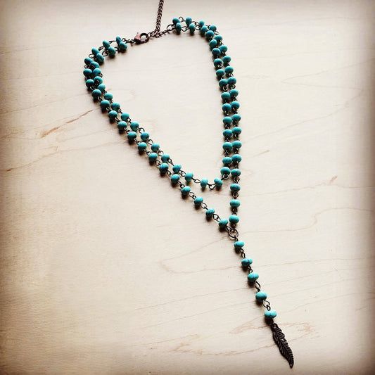 Double Strand Lariat Blue Turquoise Necklace w/ Copper Feather —Montana Boho Western Spirit Jewelry