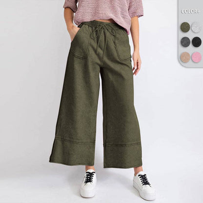 Casual High-Waist Tie-Belt Washed Draped Wide-Leg Pants