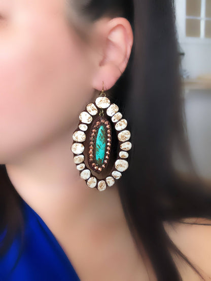 White Cluster Stone Dangle Earrings with Turquoise Setting