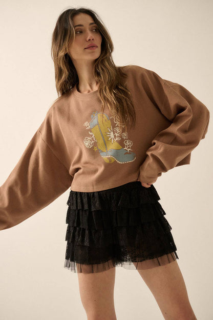 Montana BOHO: Cowboy Boot and Roses Cropped Thermal Graphic Top