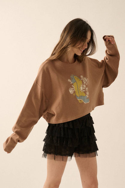 Montana BOHO: Cowboy Boot and Roses Cropped Thermal Graphic Top