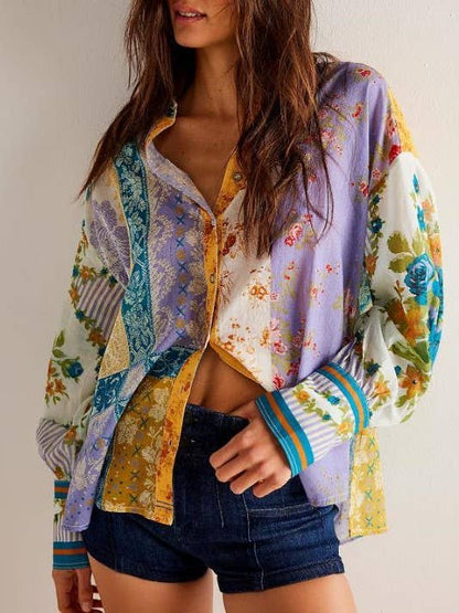 Bohemia Chic Vibe Floral (patchwork print button-up shirt)—Montana Boho Western Spirit Fashion: