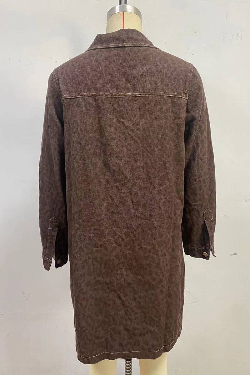 Button-Down Denim Dress with Pockets (Brown; Tone-On-Tone Leopard Print—subtle)