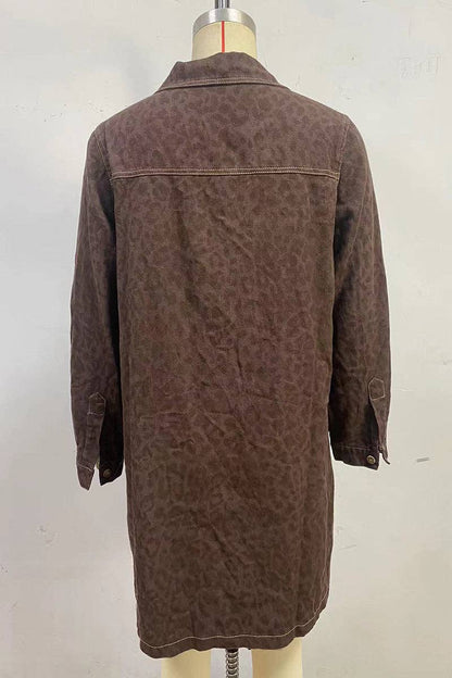 Button-Down Denim Dress with Pockets (Brown; Tone-On-Tone Leopard Print—subtle)