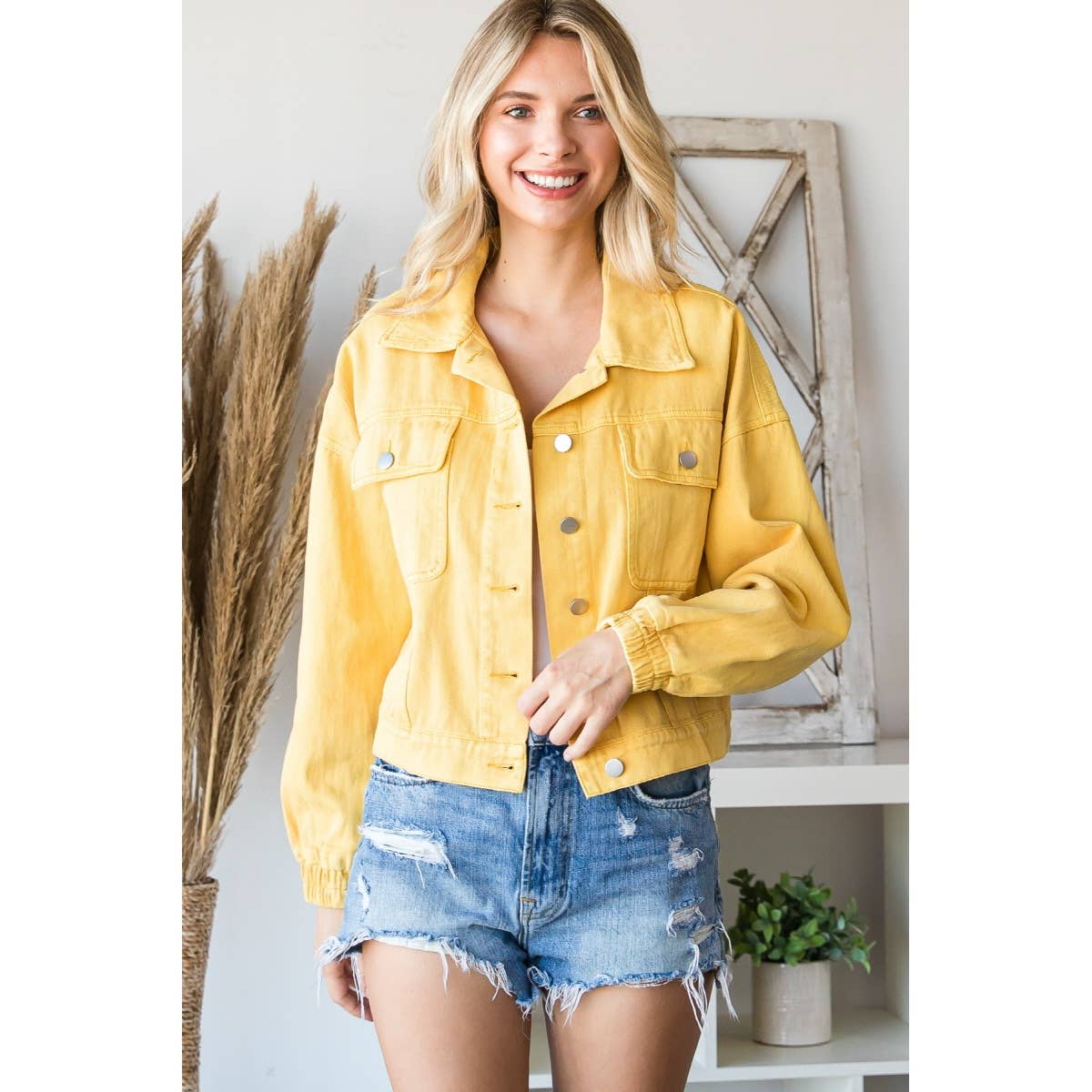 Rhinestone Fringed Back Color Denim Jacket (Turquoise)