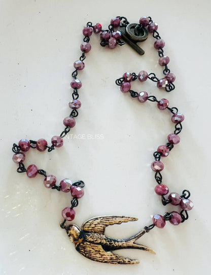 Fly Away Sparrow Brass Patina Beaded Chain Necklace: Montana Boho Western Spirit Jewelry
