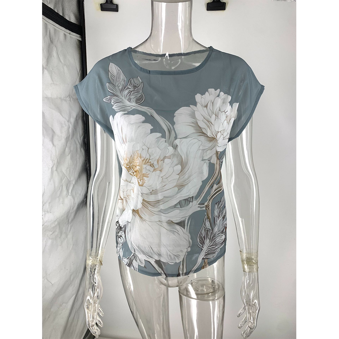 Floral Short Sleeve Lightweight Crew Neck Blouse (White Peony Floral)
