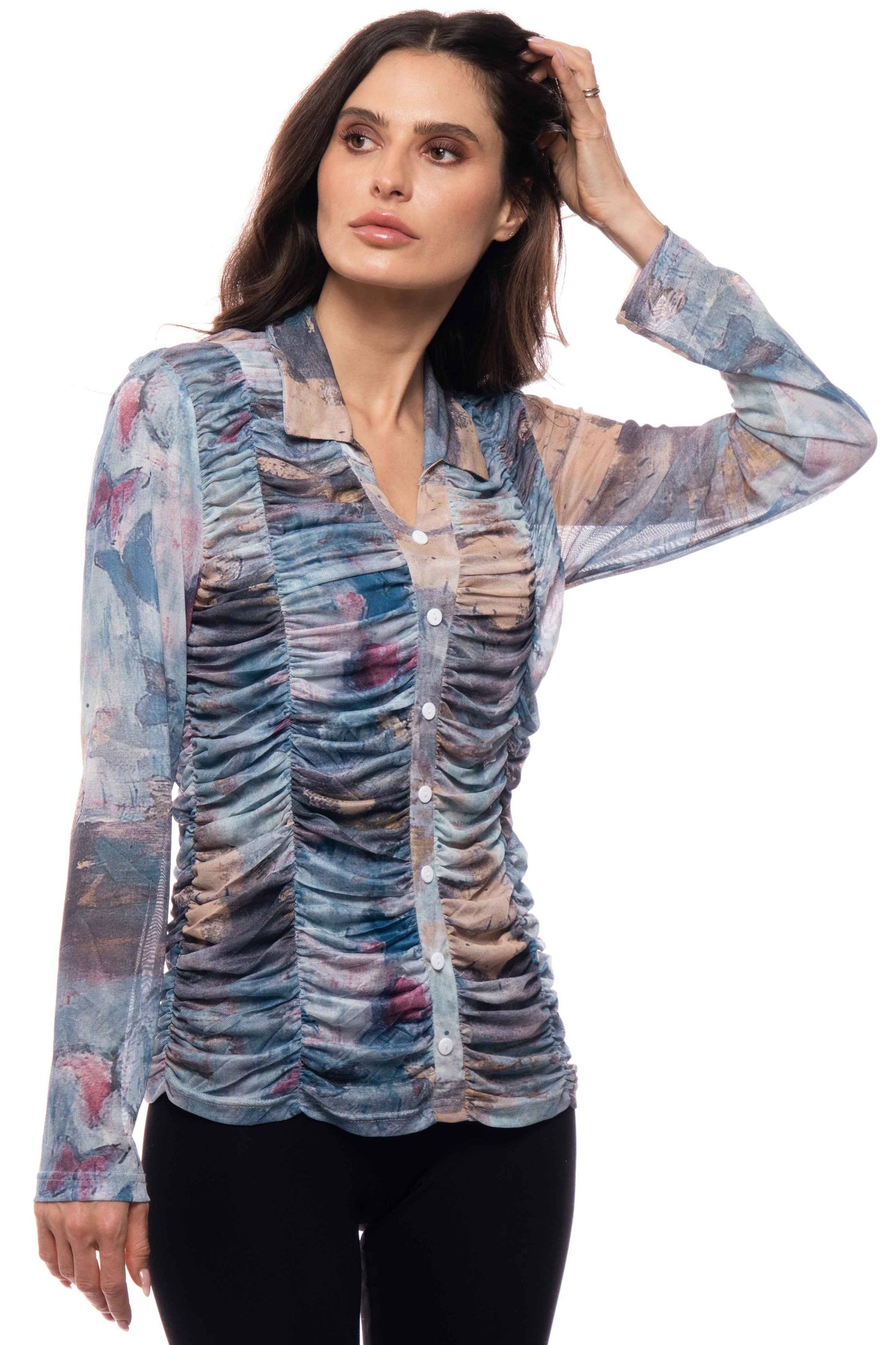 Ruched Sheer Button-Front Top