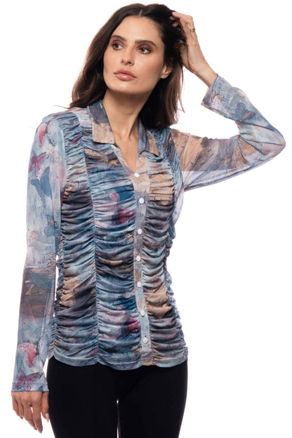 Ruched Sheer Button-Front Top